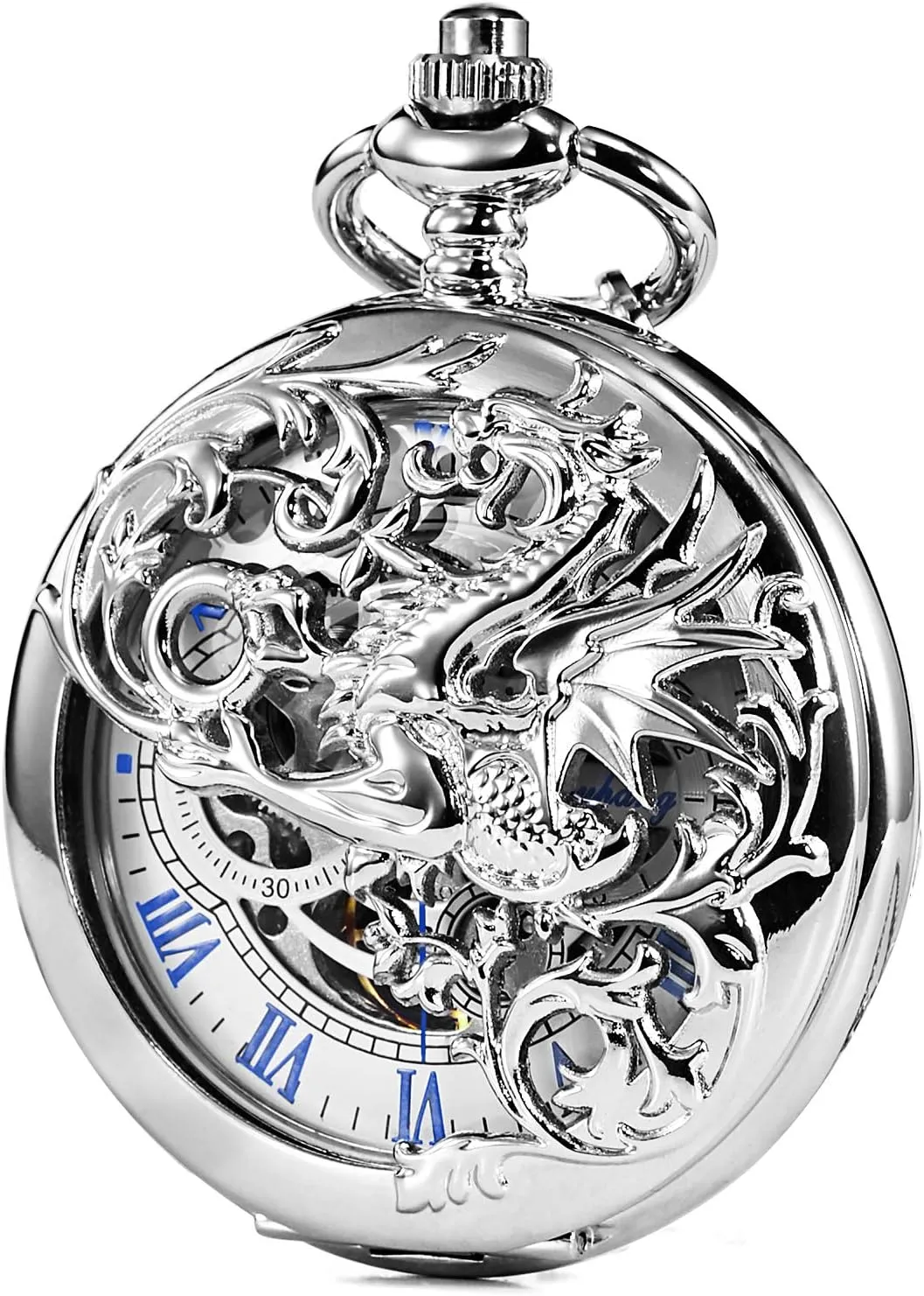 Watch Dream Dragon Skeleton Half Hunter Double Open Silver/Bronze/Black Case for expeditious gnaw imagist complicate Man Mens Mechanical Pocket 