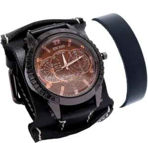 Watch for Men Luxury Wristwatch Quartz Retro zero Leather Watch Heavy Wide Pure Cow Leather Black Strap Watch Fashion Brown Cool Punk Style Mens Watches Bracelet Set Top Brand 