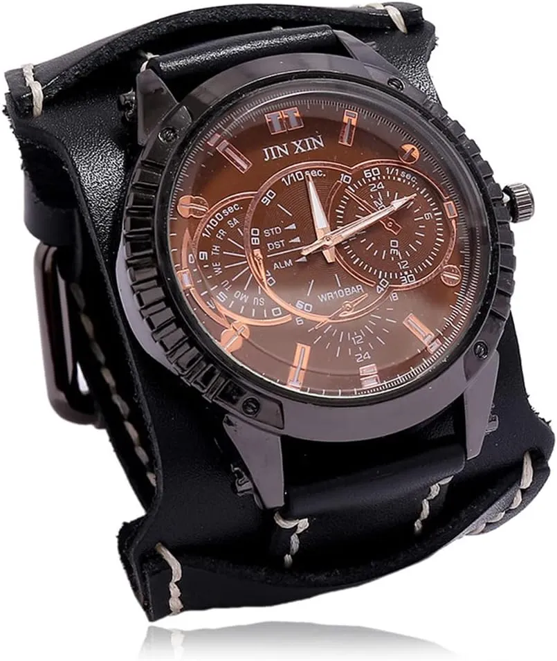 Watch for Men Luxury Wristwatch Quartz Retro zero Leather Watch Heavy Wide Pure Cow Leather Black Strap Watch Fashion Brown Cool Punk Style Mens Watches Bracelet Set Top Brand 