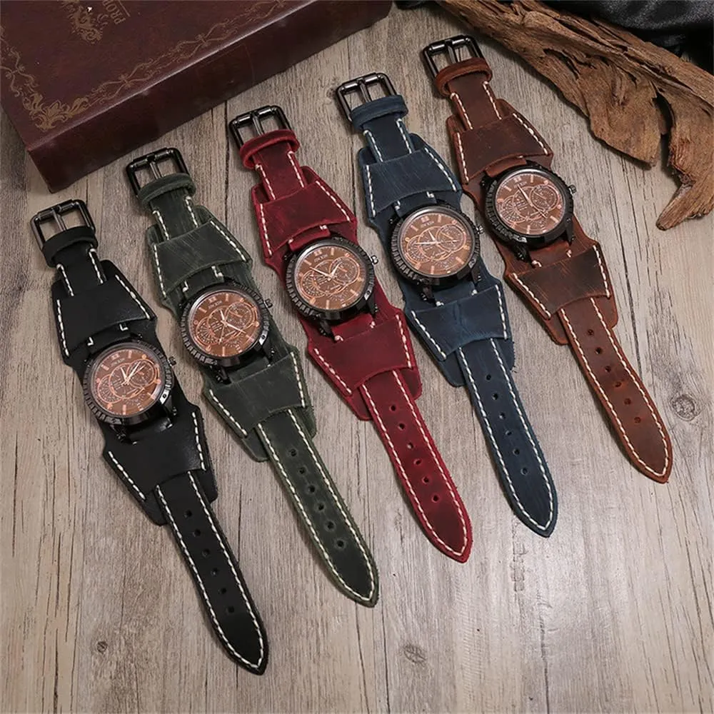 Watch for Men Luxury Wristwatch Quartz Retro zero Leather Watch Heavy Wide Pure Cow Leather Black Strap Watch Fashion Brown Cool Punk Style Mens Watches Bracelet Set Top Brand 