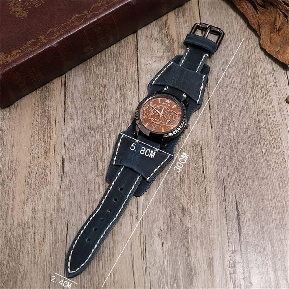 Watch for Men Luxury Wristwatch Quartz Retro zero Leather Watch Heavy Wide Pure Cow Leather Black Strap Watch Fashion Brown Cool Punk Style Mens Watches Bracelet Set Top Brand 
