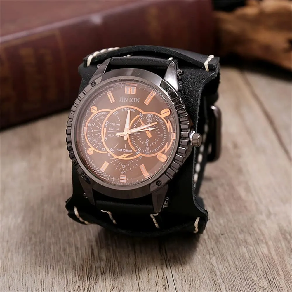 Watch for Men Luxury Wristwatch Quartz Retro zero Leather Watch Heavy Wide Pure Cow Leather Black Strap Watch Fashion Brown Cool Punk Style Mens Watches Bracelet Set Top Brand 
