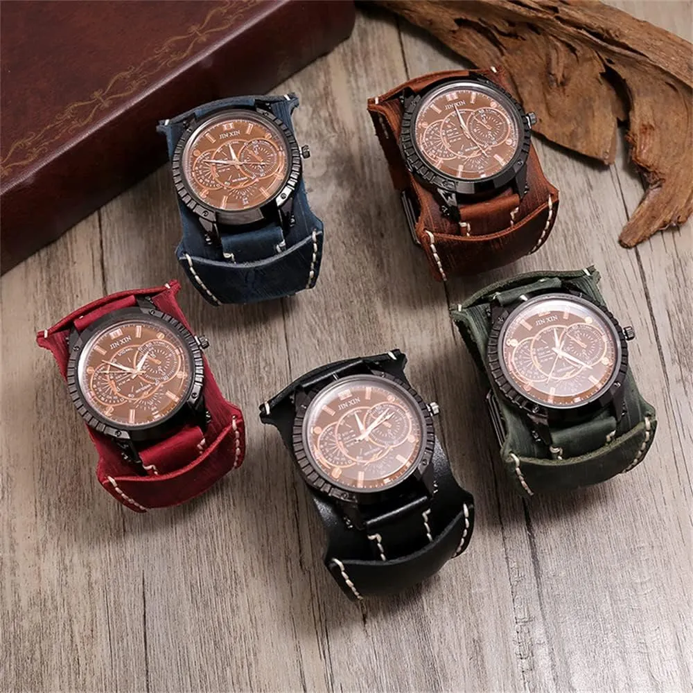 Watch for Men Luxury Wristwatch Quartz Retro zero Leather Watch Heavy Wide Pure Cow Leather Black Strap Watch Fashion Brown Cool Punk Style Mens Watches Bracelet Set Top Brand 