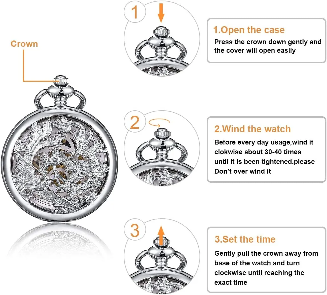 Watch for Men Women Dragon and Phoenix Pocket Watch with Chain ManChDa entrepreneur Mechanical Pocket 