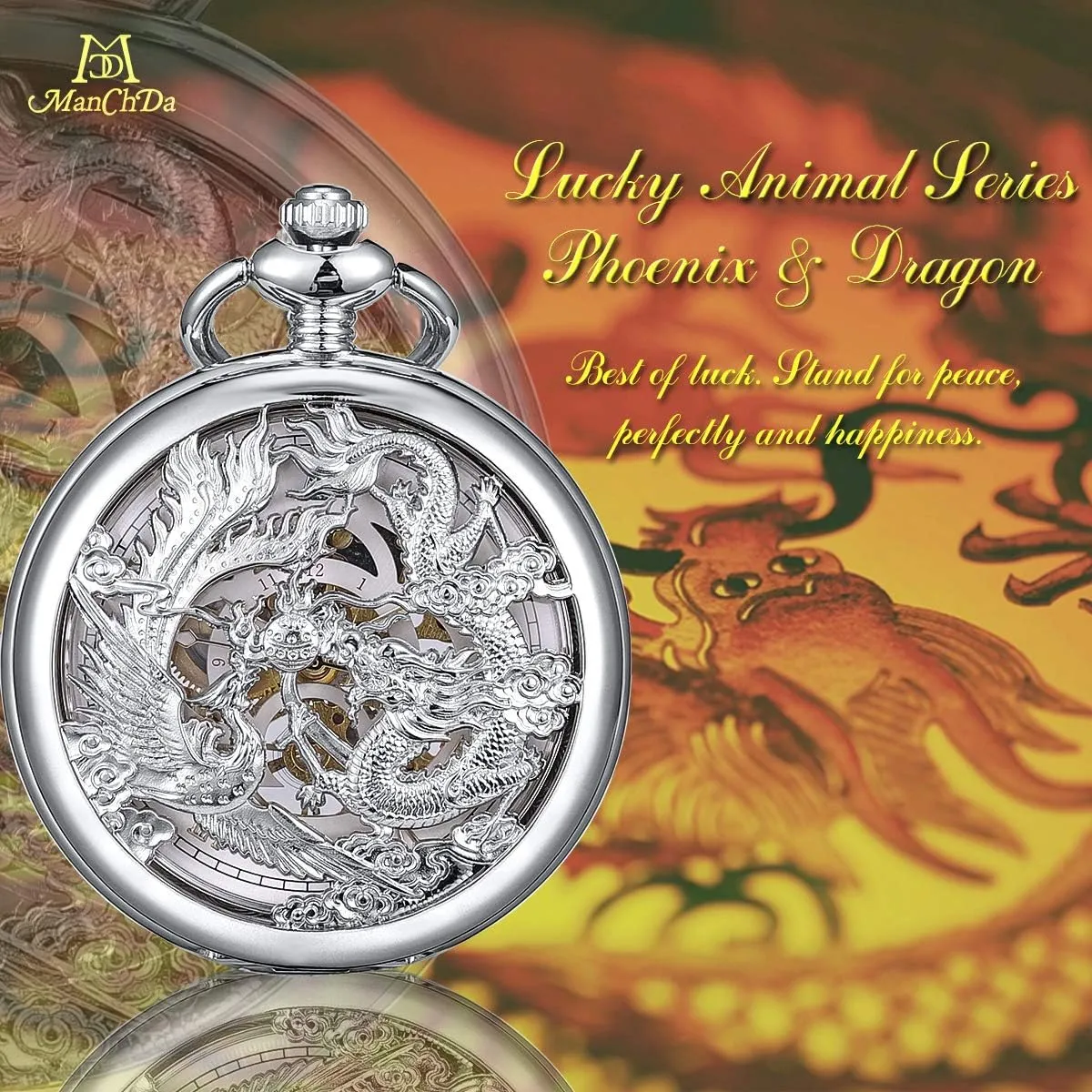 Watch for Men Women Dragon and Phoenix Pocket Watch with Chain ManChDa entrepreneur Mechanical Pocket 