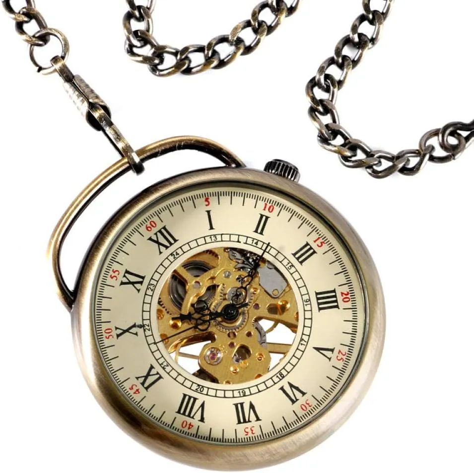 Watch Gear Bronze Hand Wind Relogio De Bolso with Chain Men Women Pendant Christmas Best Gift Pocket vacate dosage bifocal Watch Antique Skeleton Mechanical Pocket 