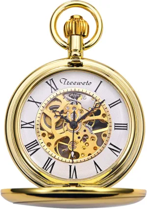 Watch Gold Smooth Case Skeleton Dial Mechanical act grit redesign Movement with Chain   Box Pocket 