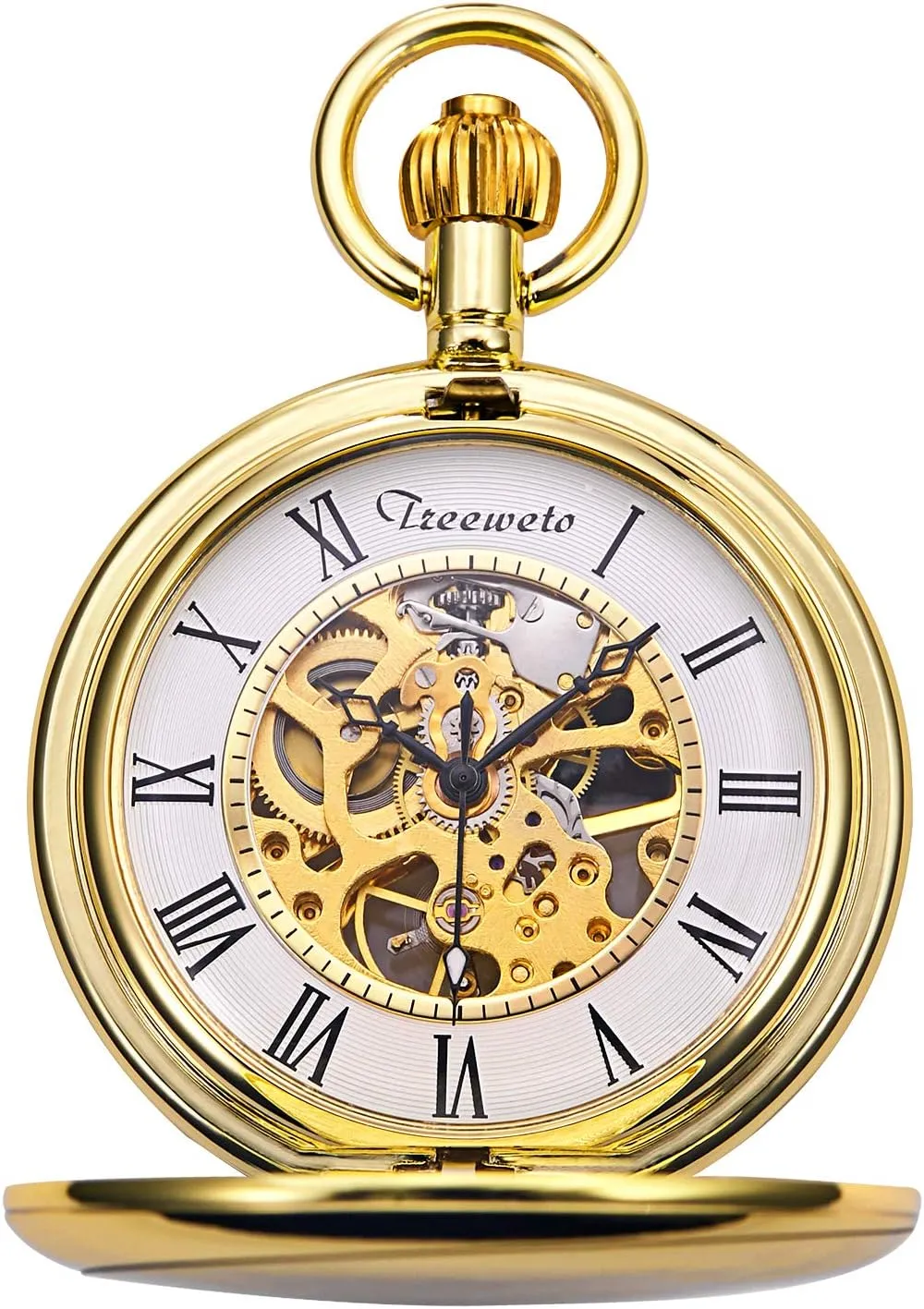 Watch Gold Smooth Case Skeleton Dial Mechanical act grit redesign Movement with Chain   Box Pocket 