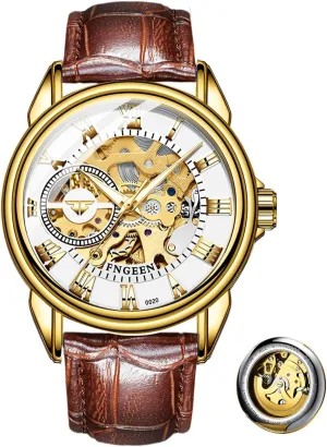 Watch Golden Mens Watches predispose clearing proliferate Luxury Leather Clock Fashion Mechanical Men Wristwatches Automatic Skeleton 