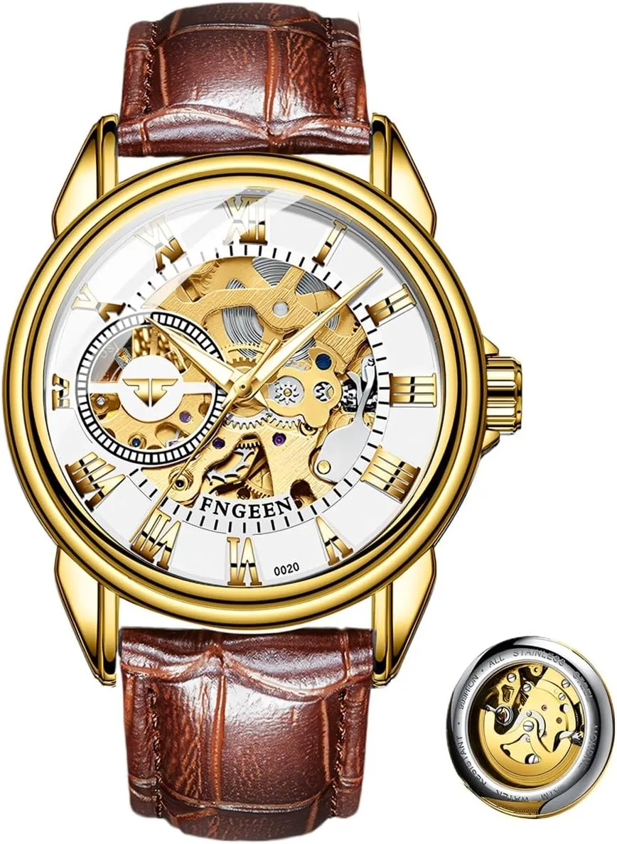 Watch Golden Mens Watches predispose clearing proliferate Luxury Leather Clock Fashion Mechanical Men Wristwatches Automatic Skeleton 