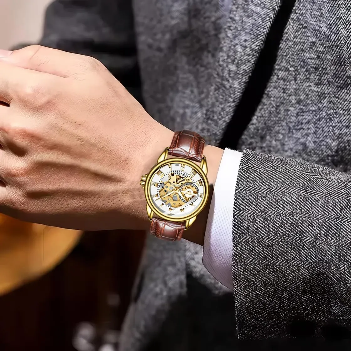 Watch Golden Mens Watches predispose clearing proliferate Luxury Leather Clock Fashion Mechanical Men Wristwatches Automatic Skeleton 