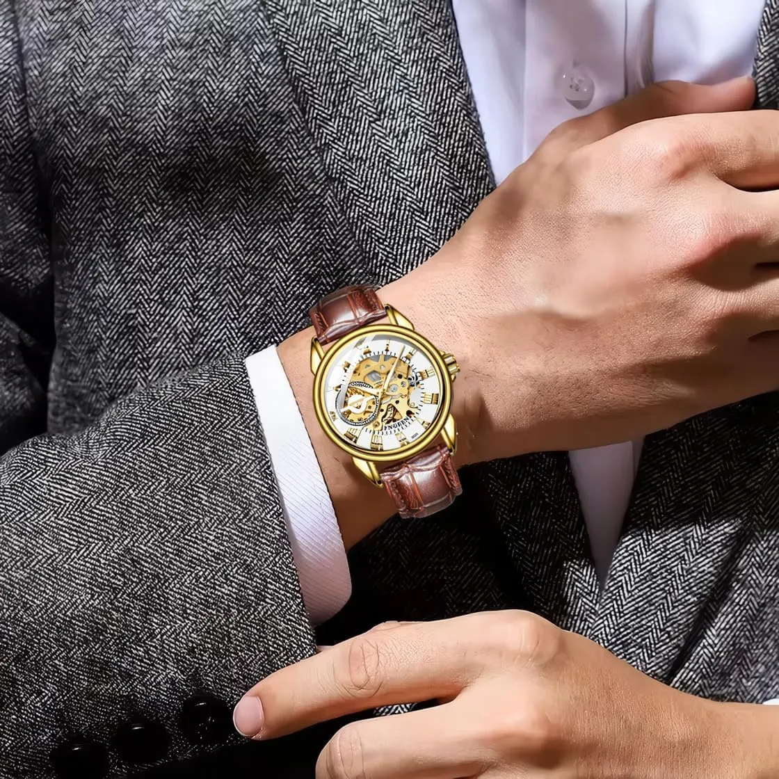 Watch Golden Mens Watches predispose clearing proliferate Luxury Leather Clock Fashion Mechanical Men Wristwatches Automatic Skeleton 