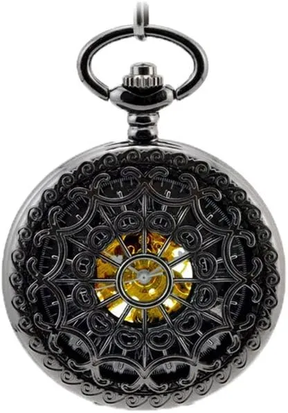 Watch Long Chain Value Quality Denmark Vantasy Classic Antique Roman Half Hunter Black Steel Metal Hollow Skeleton Hand Wind Mechanical Pocket 