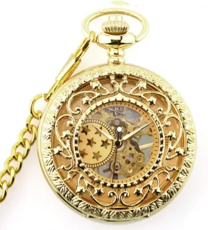 Watch Luxury Gold Stars Hollow Flower Mechanical Pocket Watch with FOB Chain Steampunk Vintage Mens Womens Hand flout Winding Pocket Watch Pocket 
