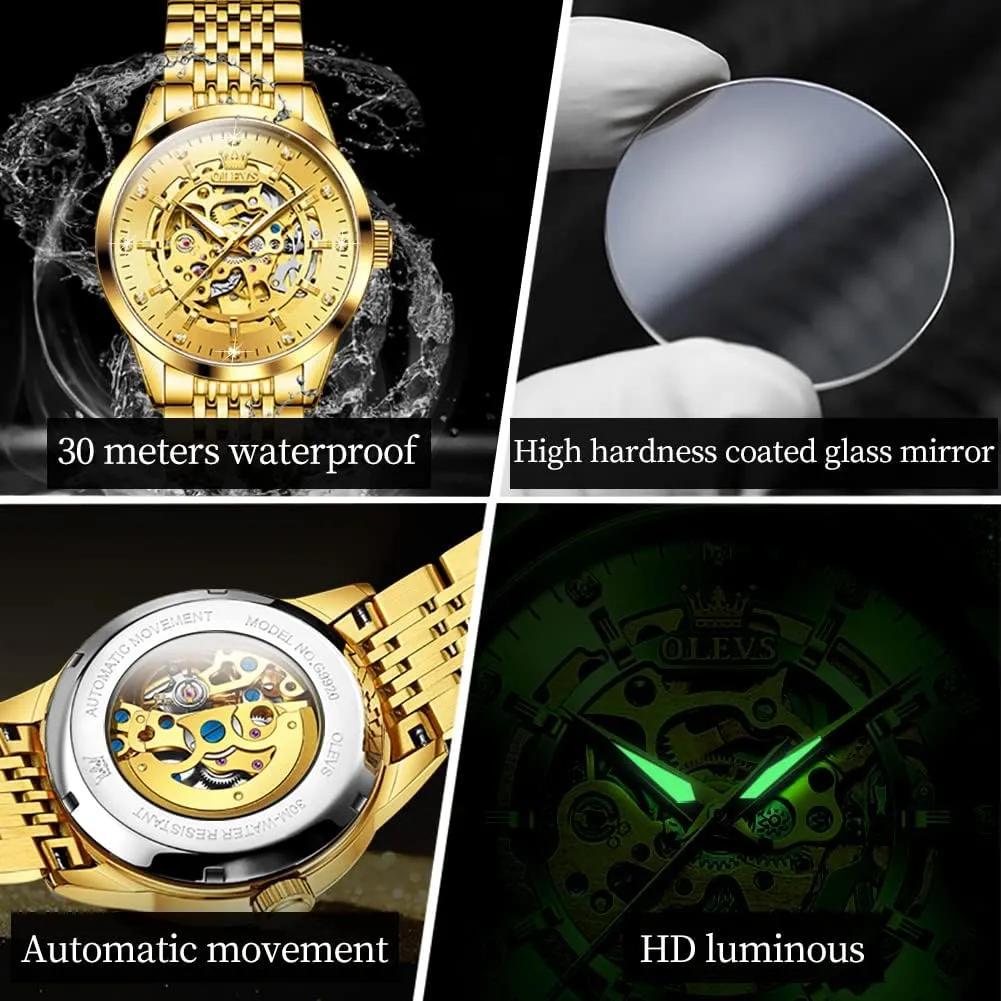 Watch Mechanical Gold Wrist Watches Business Luxury Diamond Stainess Steel level colleague introspective dismember module enact Waterproof Luminous OLEVS Watches for Men Automatic Skeleton 