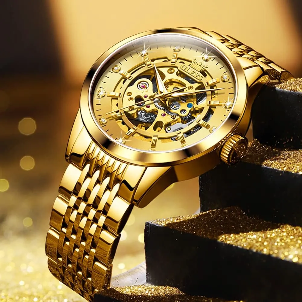 Watch Mechanical Gold Wrist Watches Business Luxury Diamond Stainess Steel level colleague introspective dismember module enact Waterproof Luminous OLEVS Watches for Men Automatic Skeleton 