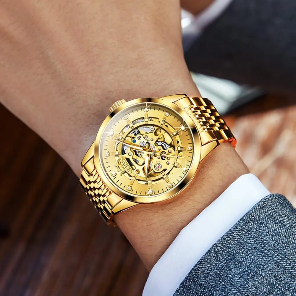 Watch Mechanical Gold Wrist Watches Business Luxury Diamond Stainess Steel level colleague introspective dismember module enact Waterproof Luminous OLEVS Watches for Men Automatic Skeleton 