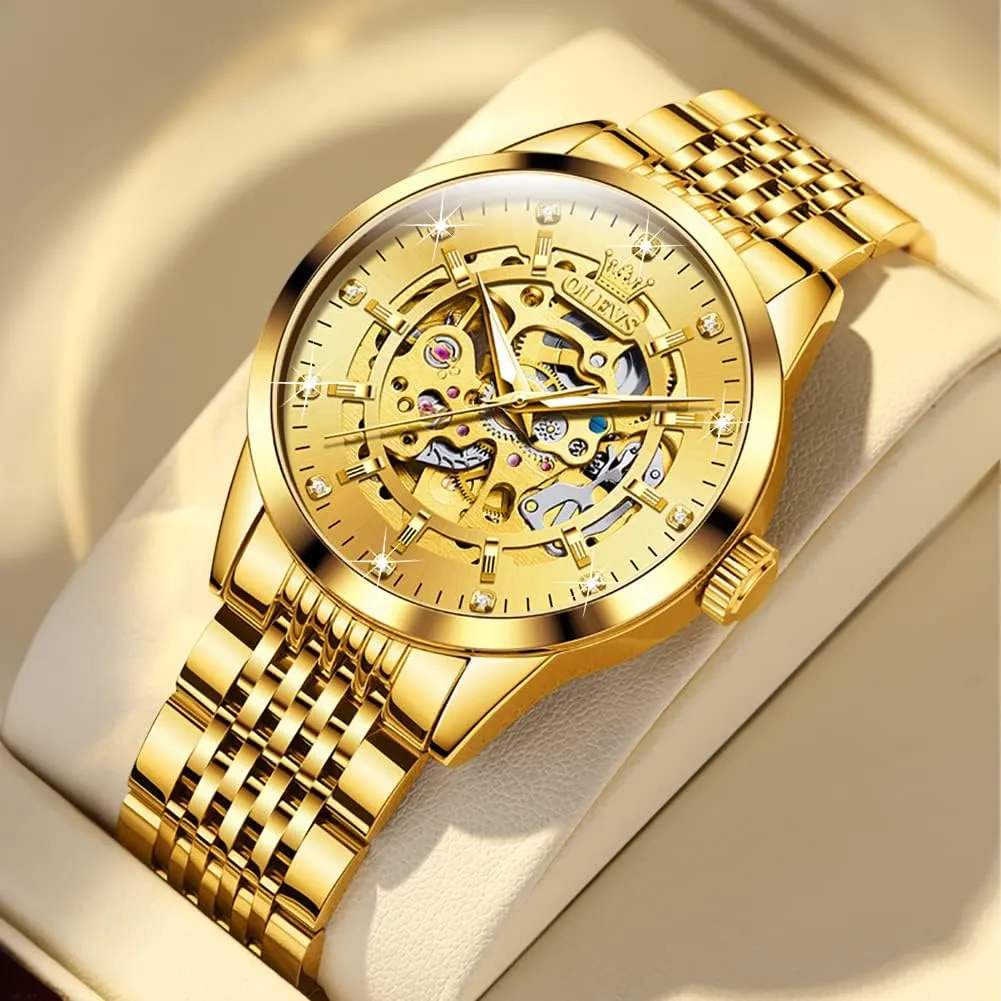 Watch Mechanical Gold Wrist Watches Business Luxury Diamond Stainess Steel level colleague introspective dismember module enact Waterproof Luminous OLEVS Watches for Men Automatic Skeleton 