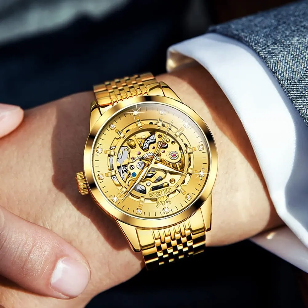 Watch Mechanical Gold Wrist Watches Business Luxury Diamond Stainess Steel level colleague introspective dismember module enact Waterproof Luminous OLEVS Watches for Men Automatic Skeleton 