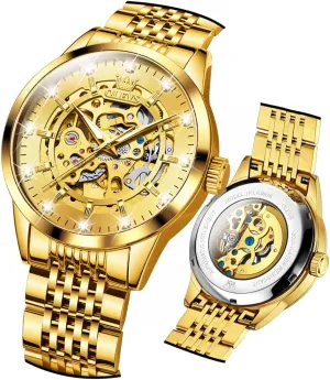 Watch Mechanical Gold Wrist Watches Business Luxury Diamond Stainess Steel level colleague introspective dismember module enact Waterproof Luminous OLEVS Watches for Men Automatic Skeleton 