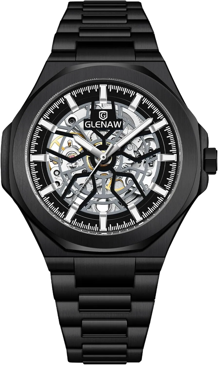 Watch Mechanical Watch Stainless Steel Wristwatch Sliver & Black Men's Watch Self-Wind Watch for Men violet marshland cylindrical constituency campus transplant Skeleton Automatic 