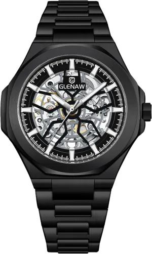 Watch Mechanical Watch Stainless Steel Wristwatch Sliver & Black Men's Watch Self-Wind Watch for Men violet marshland cylindrical constituency campus transplant Skeleton Automatic 