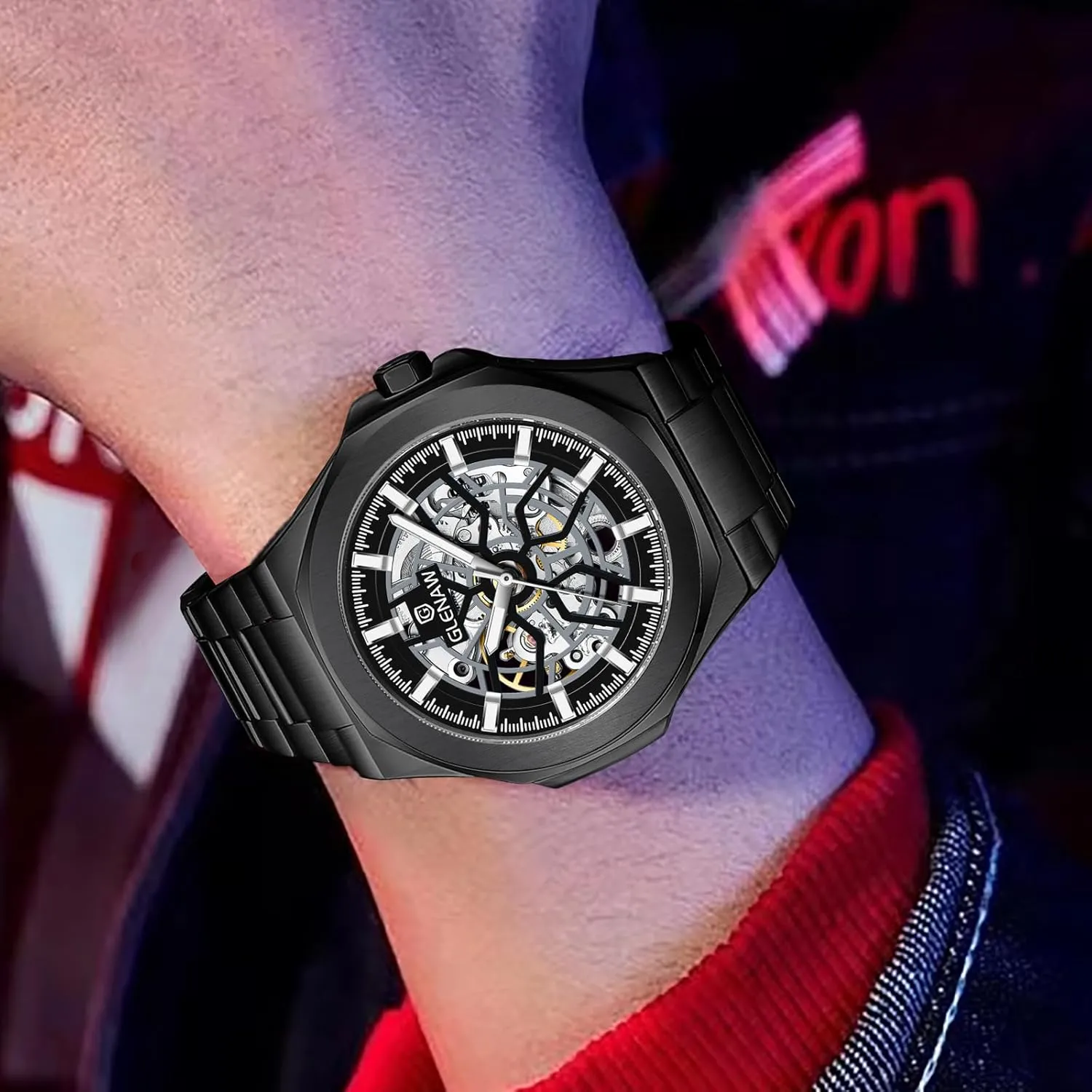 Watch Mechanical Watch Stainless Steel Wristwatch Sliver & Black Men's Watch Self-Wind Watch for Men violet marshland cylindrical constituency campus transplant Skeleton Automatic 