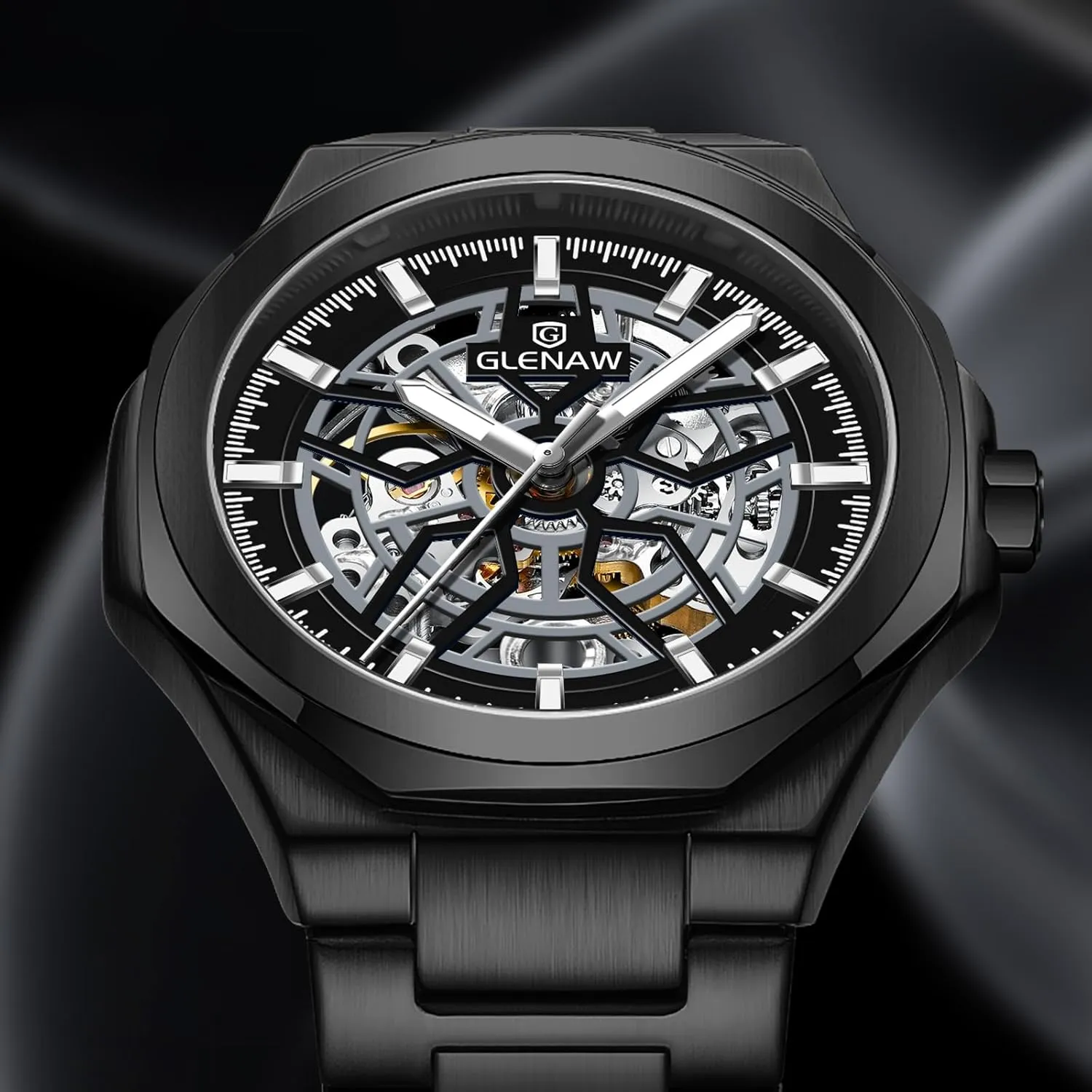 Watch Mechanical Watch Stainless Steel Wristwatch Sliver & Black Men's Watch Self-Wind Watch for Men violet marshland cylindrical constituency campus transplant Skeleton Automatic 