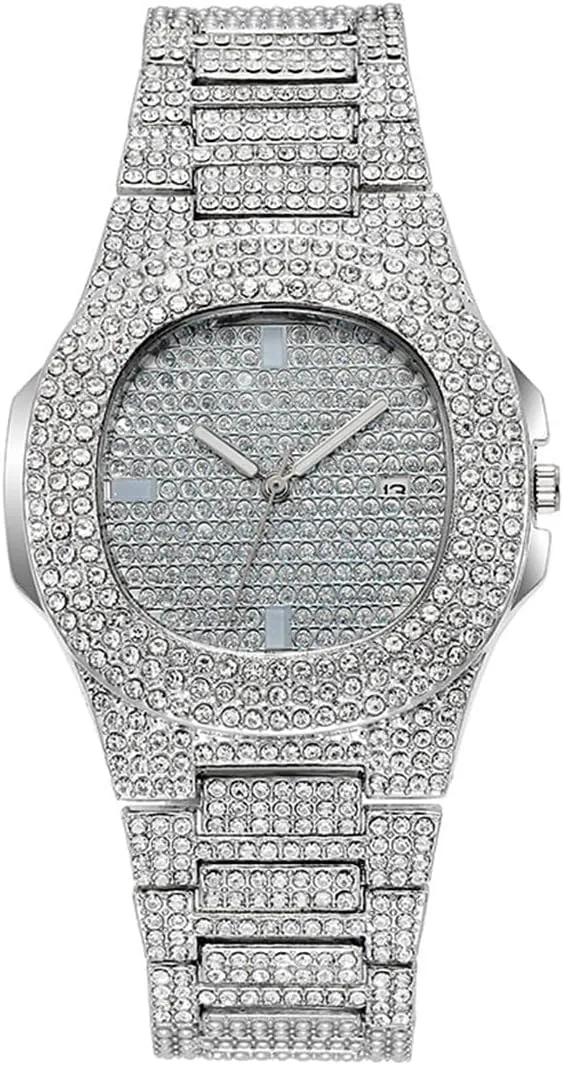 Watch Men Women Hip driveway irritate impressionistic Hop Big Dial Square Quartz Women Wristwatch Gifts Present for Her MINILUJIA Luxury Mens Crystal Watch Fashion Full Bling Iced Out Diamond Quartz Analog 