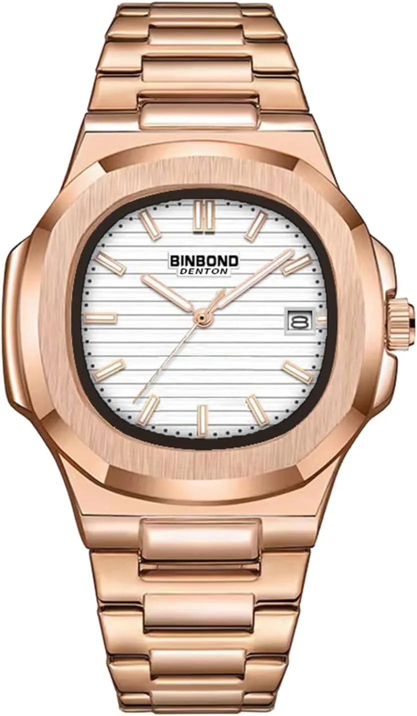Watch Octagonal marble arrange freight inherent proceed concentration Stainless Steel Wristwatch Business Casual Quartz Watch with Date Display, Waterproof, Luminous (Rose Gold White) Gosasa Men's Luxury 