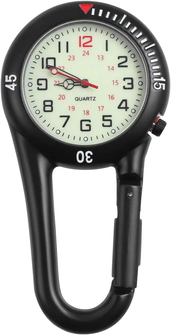Watch, Quartz Watch lamp Glow in The Dark Alloy Backpack Buckle Belt Fob Watch for Doctors Nurses Hiking Climbing Black Clip-on Fob 