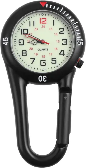 Watch, Quartz Watch lamp Glow in The Dark Alloy Backpack Buckle Belt Fob Watch for Doctors Nurses Hiking Climbing Black Clip-on Fob 