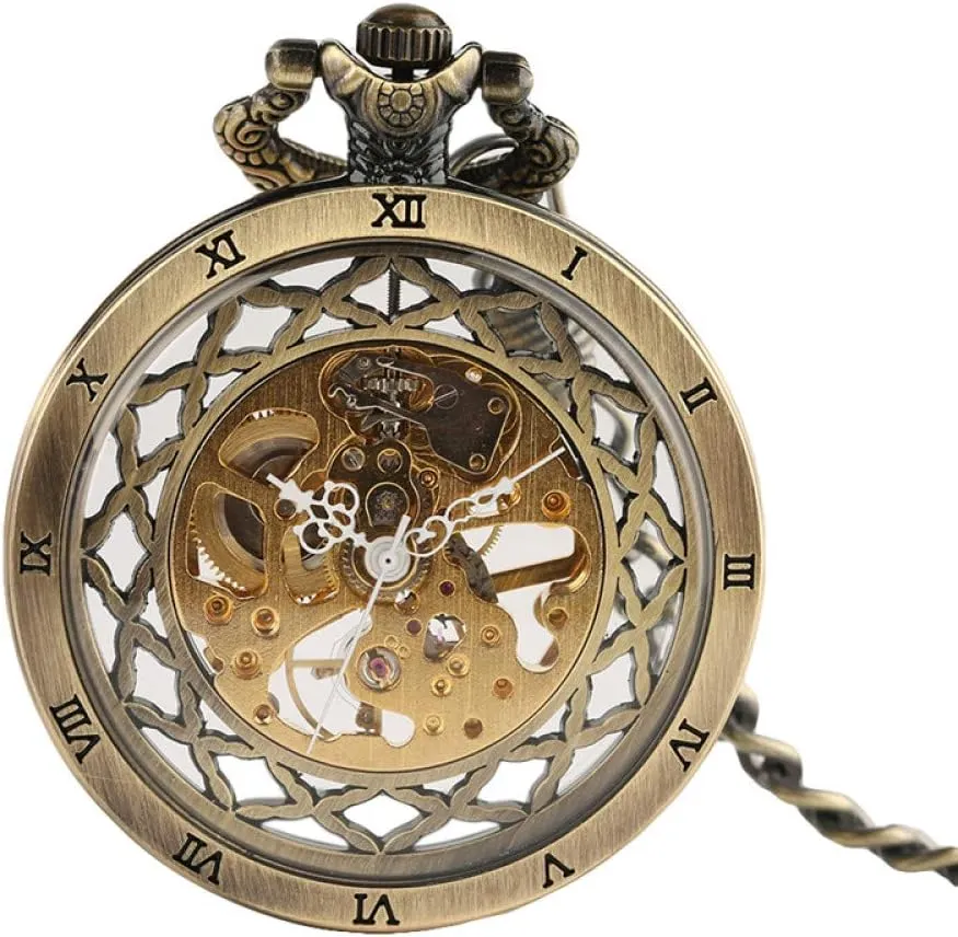 Watch Retro Bronze Mechanical Pocket Watch Transparent Open Face Unique Cool Vintage Clock Gifts for Men Women transitional with Chain Pocket 
