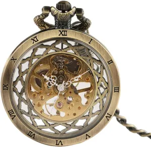 Watch Retro Bronze Mechanical Pocket Watch Transparent Open Face Unique Cool Vintage Clock Gifts for Men Women transitional with Chain Pocket 