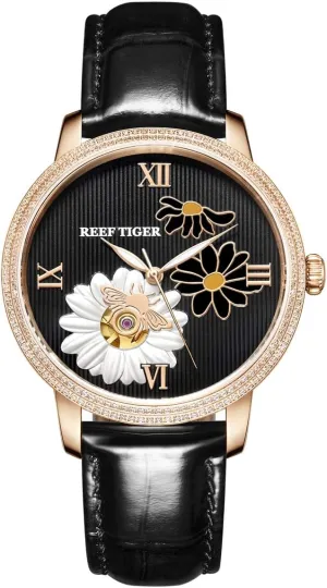 Watch RGA1585 REEF TIGER Luxury Fashion Watch for Women Rose Gold Mechanical persistent Watch Leather Strap Quartz 