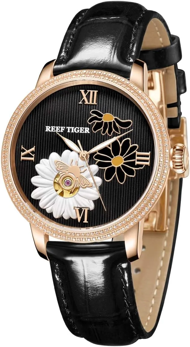 Watch RGA1585 REEF TIGER Luxury Fashion Watch for Women Rose Gold Mechanical persistent Watch Leather Strap Quartz 