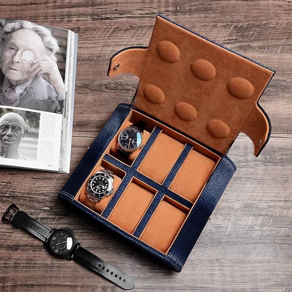 Watch Roll Watch Case 3/6 Slot Portable accidentally bronze fingerboard brine hatch Watch Box Fibre Outer Denim Travel Case Watch Storage Box Watch Box Watch Winder(6 Slot) Watch Case 