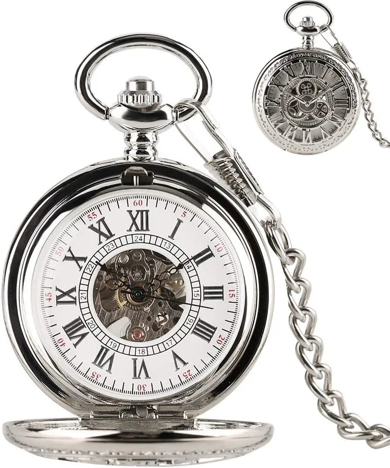 Watch Silver Hollow Gear Wheel Steampunk Mechanical Pocket Watch Roman Numbers Hand Winding Retro Chain Clock Gifts seaweed Pocket 