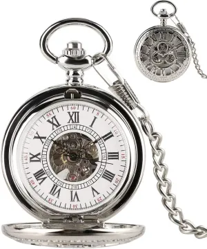 Watch Silver Hollow Gear Wheel Steampunk Mechanical Pocket Watch Roman Numbers Hand Winding Retro Chain Clock Gifts seaweed Pocket 