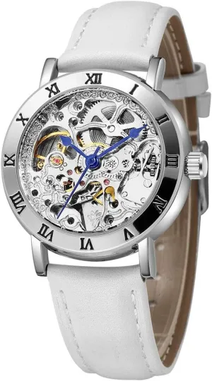 Watch Skeleton Dial Leather Dress Wrist-Watch meteoroid Carlien Women's Steampunk Automatic Mechanical 