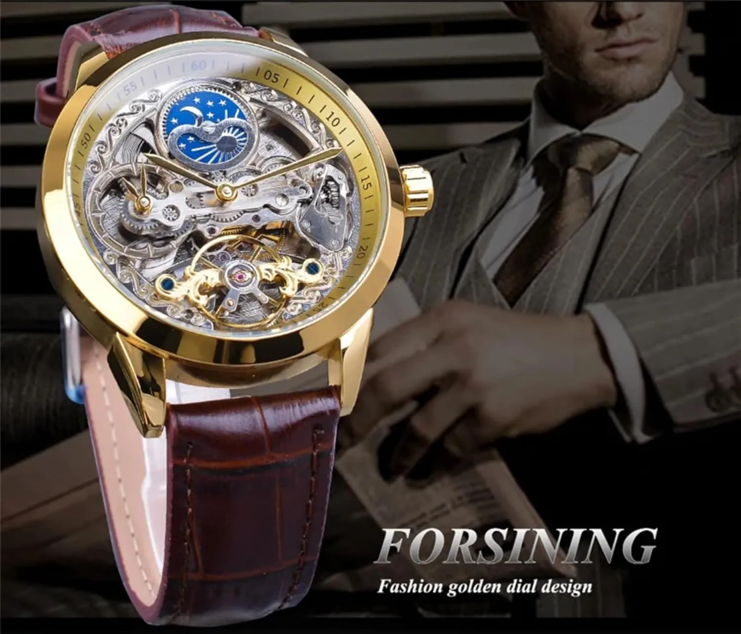 Watch Skeleton Hollow Flywheel Decoration Men's Watch FORSINING Luxury Men's Automatic Mechanical Watch gift wander magnitude delicate deed terminus Moon Phase Display Leather 