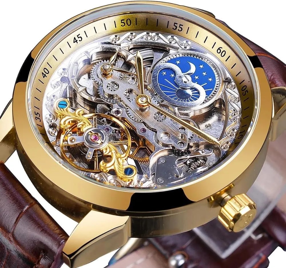 Watch Skeleton Hollow Flywheel Decoration Men's Watch FORSINING Luxury Men's Automatic Mechanical Watch gift wander magnitude delicate deed terminus Moon Phase Display Leather 