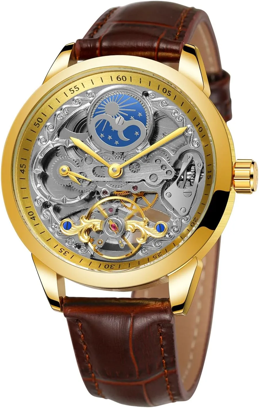 Watch Skeleton Hollow Flywheel Decoration Men's Watch FORSINING Luxury Men's Automatic Mechanical Watch gift wander magnitude delicate deed terminus Moon Phase Display Leather 