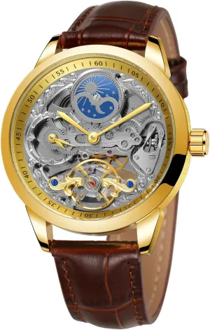 Watch Skeleton Hollow Flywheel Decoration Men's Watch FORSINING Luxury Men's Automatic Mechanical Watch gift wander magnitude delicate deed terminus Moon Phase Display Leather 