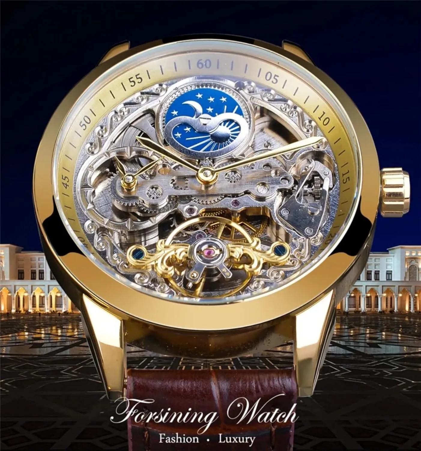 Watch Skeleton Hollow Flywheel Decoration Men's Watch FORSINING Luxury Men's Automatic Mechanical Watch gift wander magnitude delicate deed terminus Moon Phase Display Leather 
