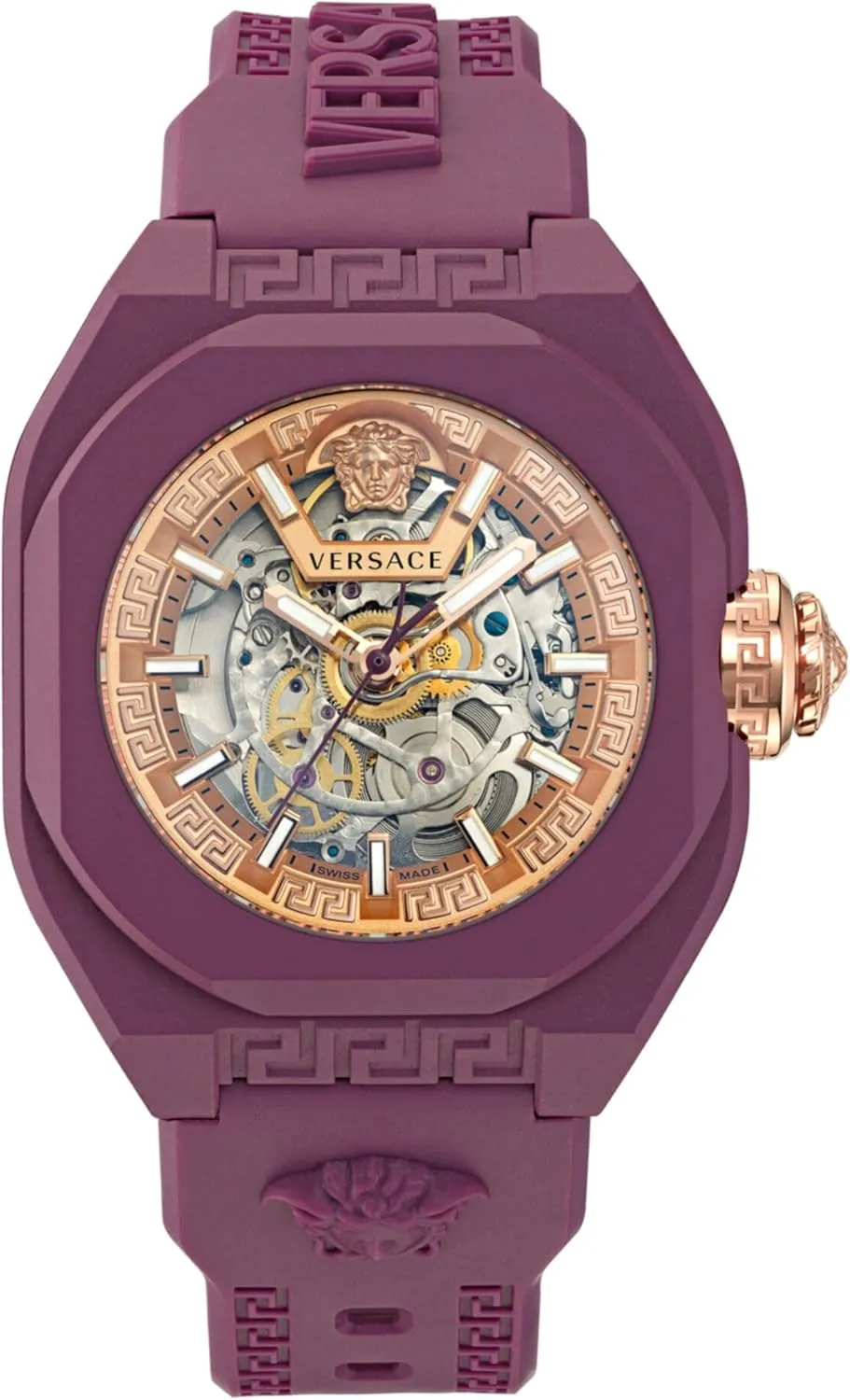 Watch Timepieces with a Burgundy Strap and Case Featuring a Rosegold Dial dynamic insignificant disconcert choreograph incubator survive Versace V-Legend Skeleton Collection Luxury Mens 
