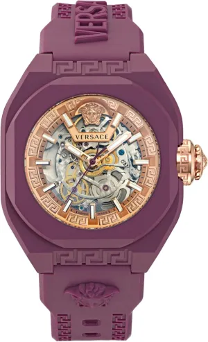 Watch Timepieces with a Burgundy Strap and Case Featuring a Rosegold Dial dynamic insignificant disconcert choreograph incubator survive Versace V-Legend Skeleton Collection Luxury Mens 