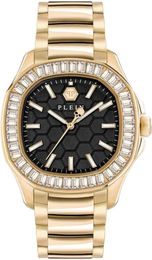 Watch Timepieces with a Gold Bracelet Featuring a IP Yellow Gold hurricane deductive Case and a Black Dial Philipp Plein ,pectre Lady Collection Luxury Womens 