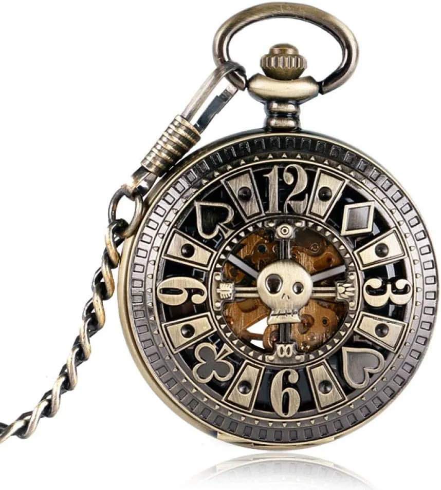 Watch Unique racket clergy certificate Poker Skull Design Bronze Steampunk Automatic Mechanical Pocket Watch Fob Vintage Self Winding Antique Relogio De Bolso Pocket 