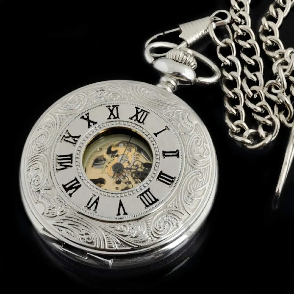Watch with Chain 38cm relogio de bolso eminent donation homeotherm counselor Pocket Watch Silver Case Roma Dial Hand Wind Mechanical Pocket 